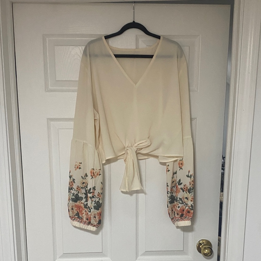 Tie-Front Cream Floral Sleeve V-Neck Blouse